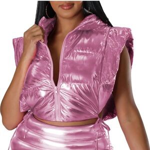 Women's Cropped Puffer Vest with Hood Sleeveless Zip Up